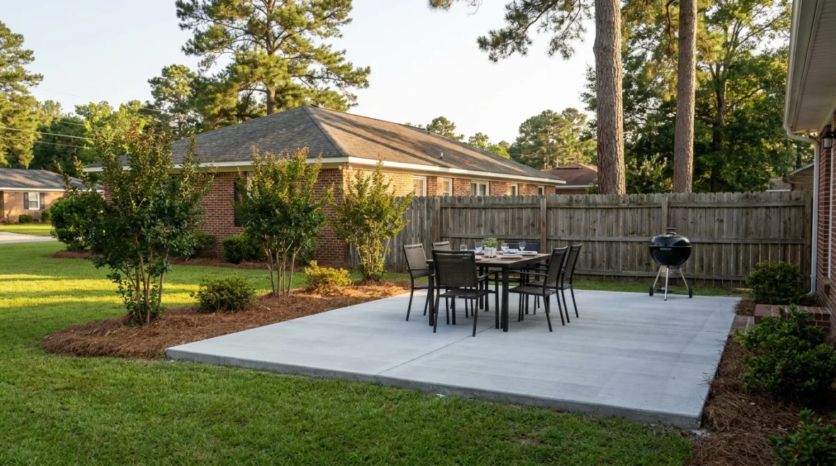 Large backyard concrete patio in Cumberland County